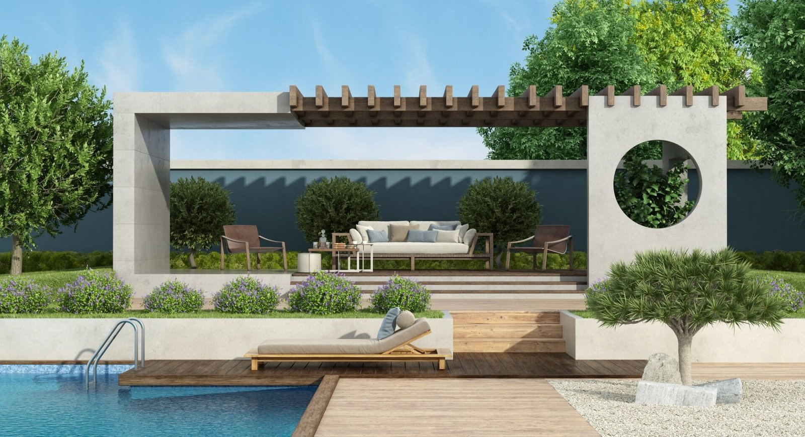 Modern garden with concrete gazebo and swimming pool